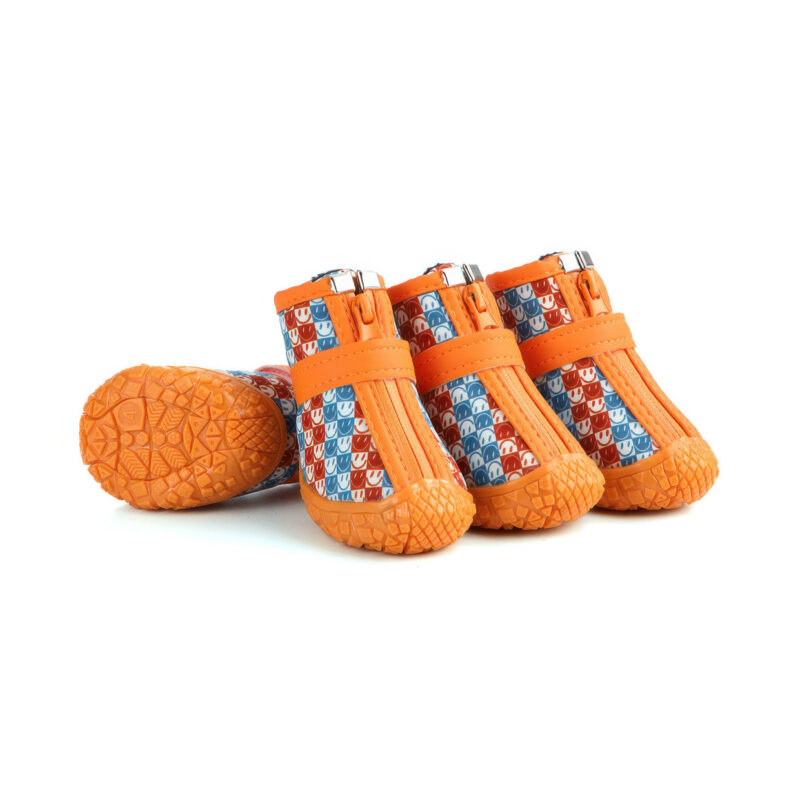 Blue and Orange Easy-On Zipper Dog Boots Set Blue and orange easy-on zipper dog boots highlighting checkered face patterns, orange zippers, and orange outsoles.