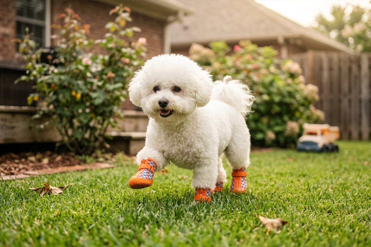 A small white Bichon Frise dog walking happily on green backyard lawn grass wearing blue and orange checker print boots.