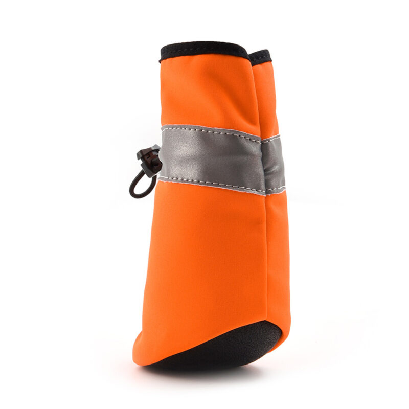 Rear view of an orange elastic cord adjustable pet shoe showing the curved protective high rubber heel shield block.