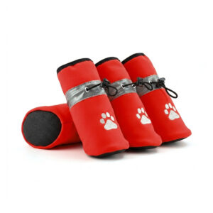 Pomegranate red elastic cord adjustable pet shoes highlighting embroidered white paw prints and silver reflective bands.