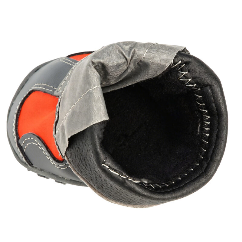 Insulating 180g Polar Fleece Interior Lining Top-down macro look inside a fleece lined rugged pet shoes model revealing the thick 180g black polar fleece insulation.