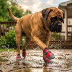 A heavy Bullmastiff dog splashing through rainwater puddles on a stone patio wearing red fleece lined rugged pet shoes.