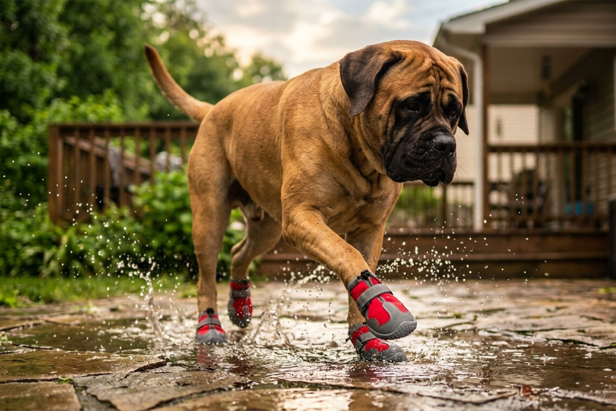 A heavy Bullmastiff dog splashing through rainwater puddles on a stone patio wearing red fleece lined rugged pet shoes.