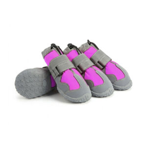 Purple Fleece Lined Rugged Pet Shoes Pack Orchid purple fleece lined rugged pet shoes illustrating flexible rubber outsoles and tightly woven windproof fabric panels.