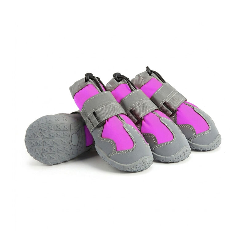 Purple Fleece Lined Rugged Pet Shoes Pack Orchid purple fleece lined rugged pet shoes illustrating flexible rubber outsoles and tightly woven windproof fabric panels.