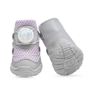 Front view paired next to the underneath wave traction patterns of lavender flexible gum sole paw protectors.