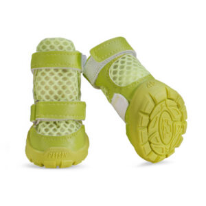 Symmetrical pairing of lime green flexible gum sole paw protectors showcasing non-slip geometric textures and a paw print stamp.
