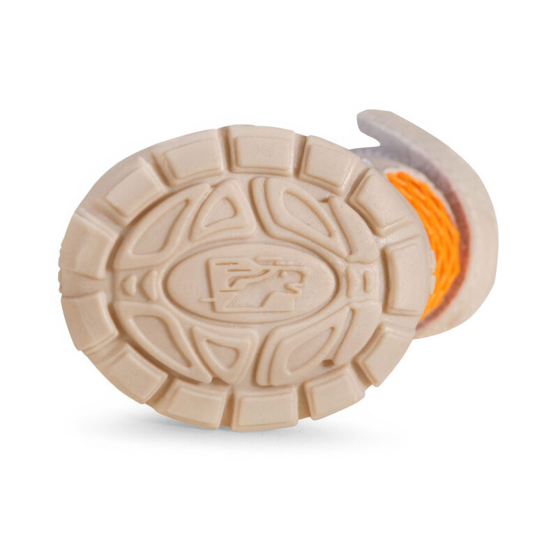 Close-up flat-lay view of the flexible gum sole paw protectors on an orange breathable soft sole dog shoe.