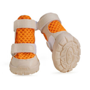 Front and underneath view of orange flexible gum sole paw protectors displaying the thickened wavy rubber traction tread.