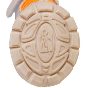 Underneath profile of the flexible gum sole paw protectors illustrating deep wavy traction grooves and logo imprint.