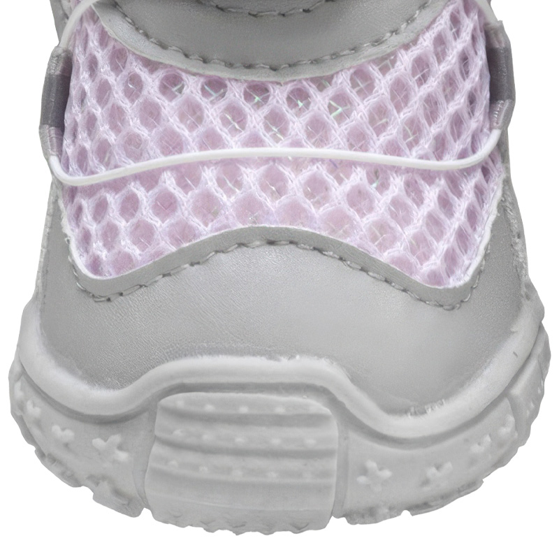 Symmetrical front detail of dense interlocking needle stitching and a gray wrapped rubber toe guard shield bumper.