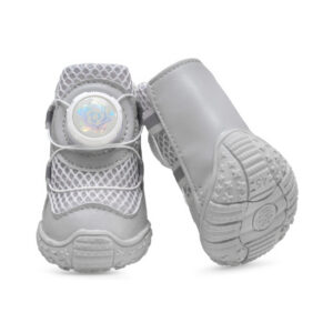 Front and underneath profile view of white flexible gum sole paw protectors showing wave patterns and a paw print logo.