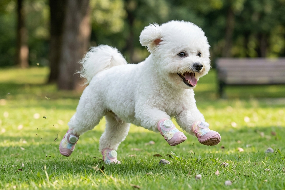 A small white Bichon Frise dog galloping fast across green park grass wearing unicorn pink glow-in-the-dark dog shoes.