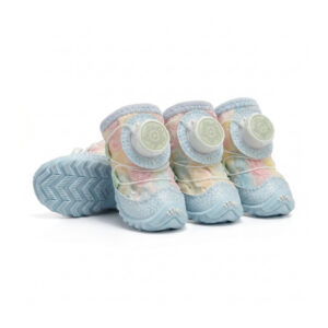 Macaron blue gradient glow-in-the-dark dog shoes featuring blue-tinted stretch mesh and mechanical wire closure caps.