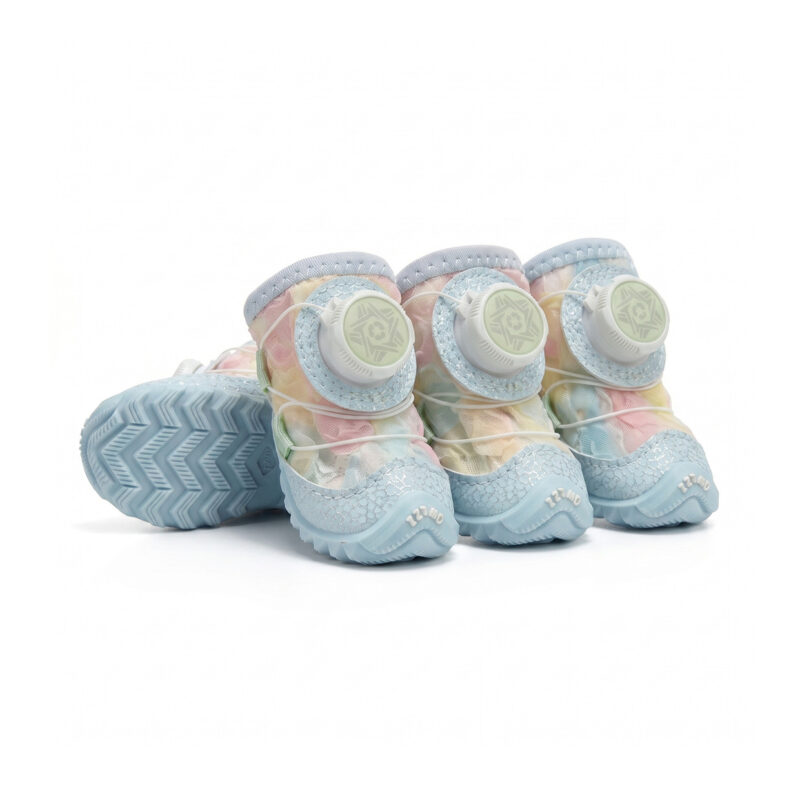 Macaron blue gradient glow-in-the-dark dog shoes featuring blue-tinted stretch mesh and mechanical wire closure caps.