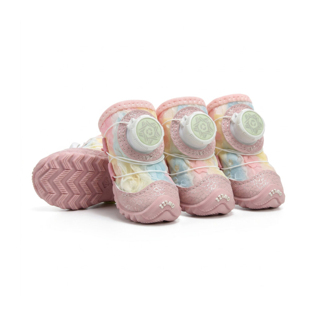 Unicorn pink gradient glow-in-the-dark dog shoes displaying open-mesh uppers, pink mudguards, and white wire dials.