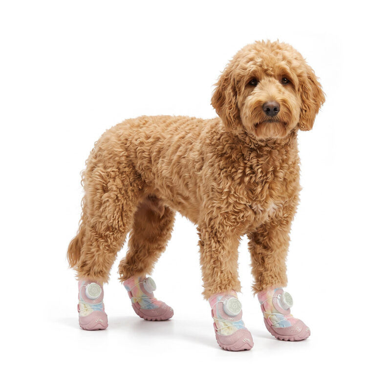 An apricot Goldendoodle standing on a white background wearing unicorn pink glow-in-the-dark dog shoes.