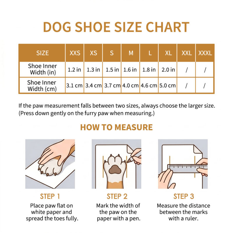 Paw measurement guide, how to measure, and sizing chart for gradient dial-fit glow-in-the-dark dog shoes.
