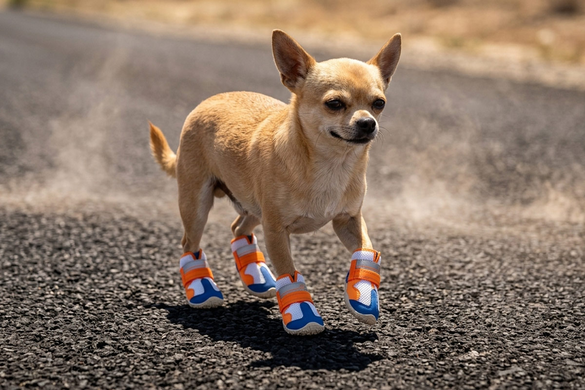 A small tan Chihuahua pacing across an intensely sunny asphalt road wearing orange hot pavement breathable dog shoes.