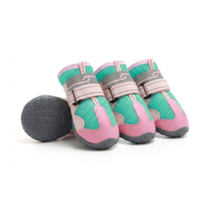 Colorful Hot Pavement Mesh Dog Shoes Overview Pink and teal hot pavement breathable dog shoes showing the textured non slip rubber outsoles and grey straps.