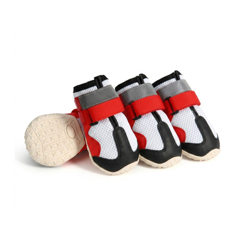 Red Hot Pavement Breathable Dog Shoes Overview Red and black hot pavement breathable dog shoes with a heavy duty silver reflective strip and rubber bottom.