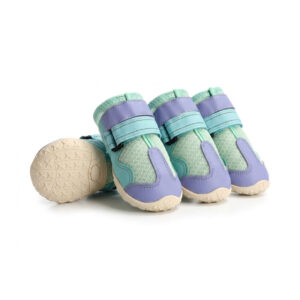 Purple Mesh Hot Weather Dog Protectors Set Purple and mint green hot weather paw protectors for hiking showing breathable upper mesh and beige soles.