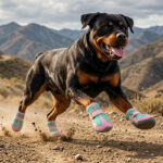 An athletic Rottweiler running down a dry dirt mountain path wearing pink hot pavement breathable dog shoes.