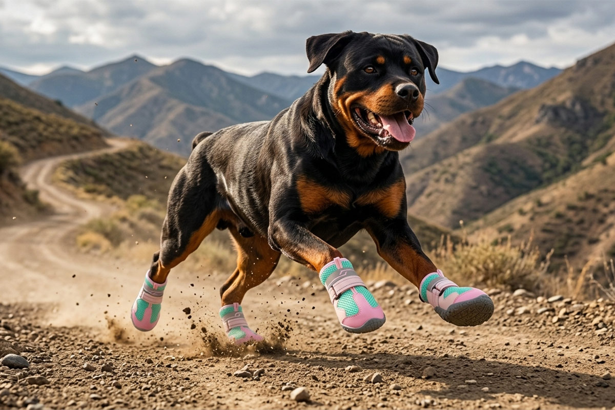 An athletic Rottweiler running down a dry dirt mountain path wearing pink hot pavement breathable dog shoes.
