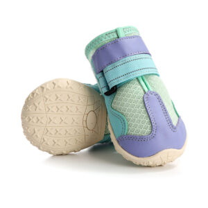 Anti Slip Rubber Sole Tread Architecture Front and bottom view of purple hot weather paw protectors for hiking emphasizing the anti slip star tread patterns.