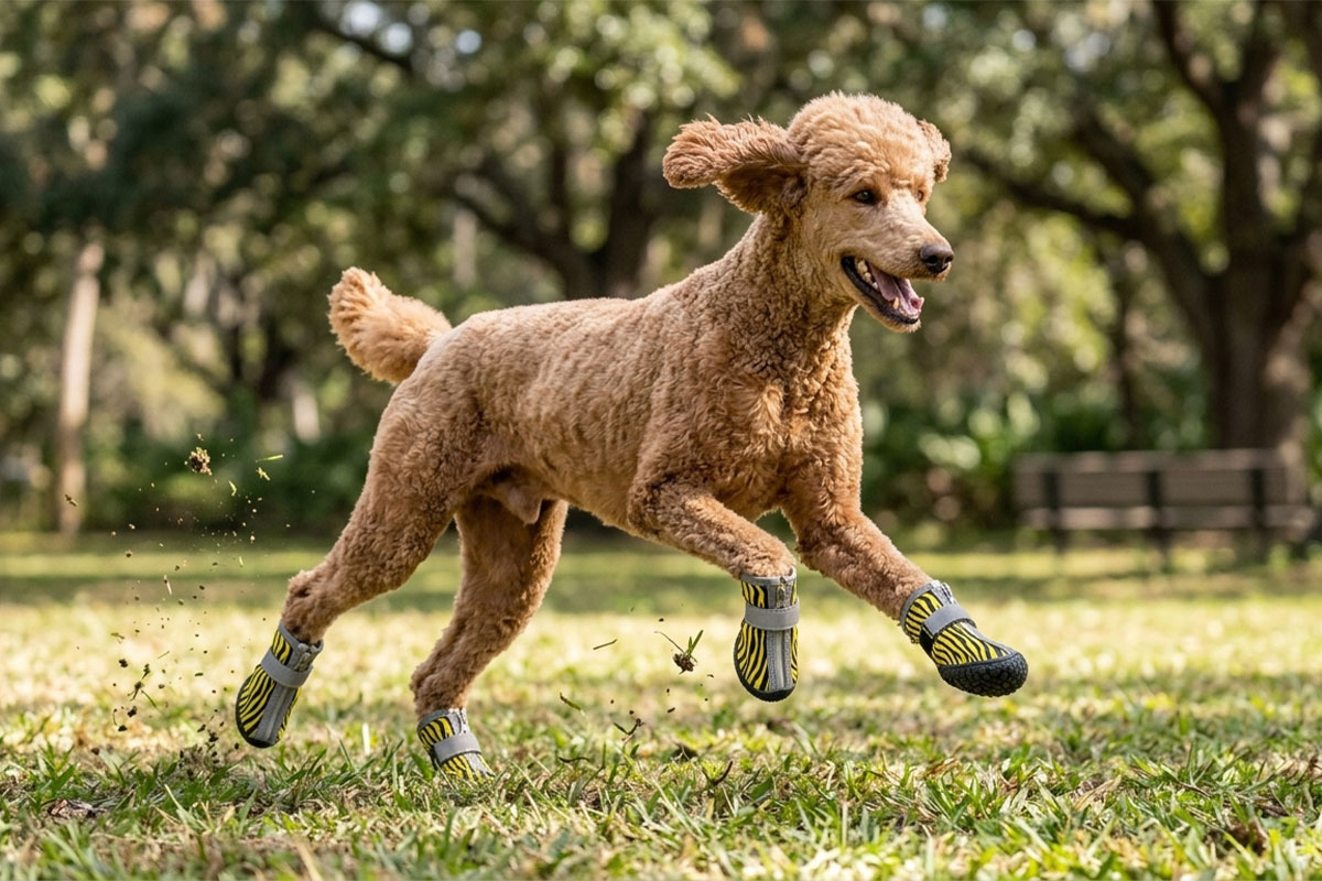 An active apricot Standard Poodle leaping mid-air while running on green grass wearing yellow tiger stripe hybrid mesh zipper dog shoes.