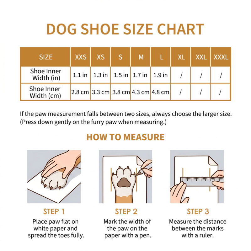 Hybrid Mesh Zipper Dog Shoes Size Chart Paw measurement guide, how to measure, and sizing chart for hybrid mesh zipper dog shoes.