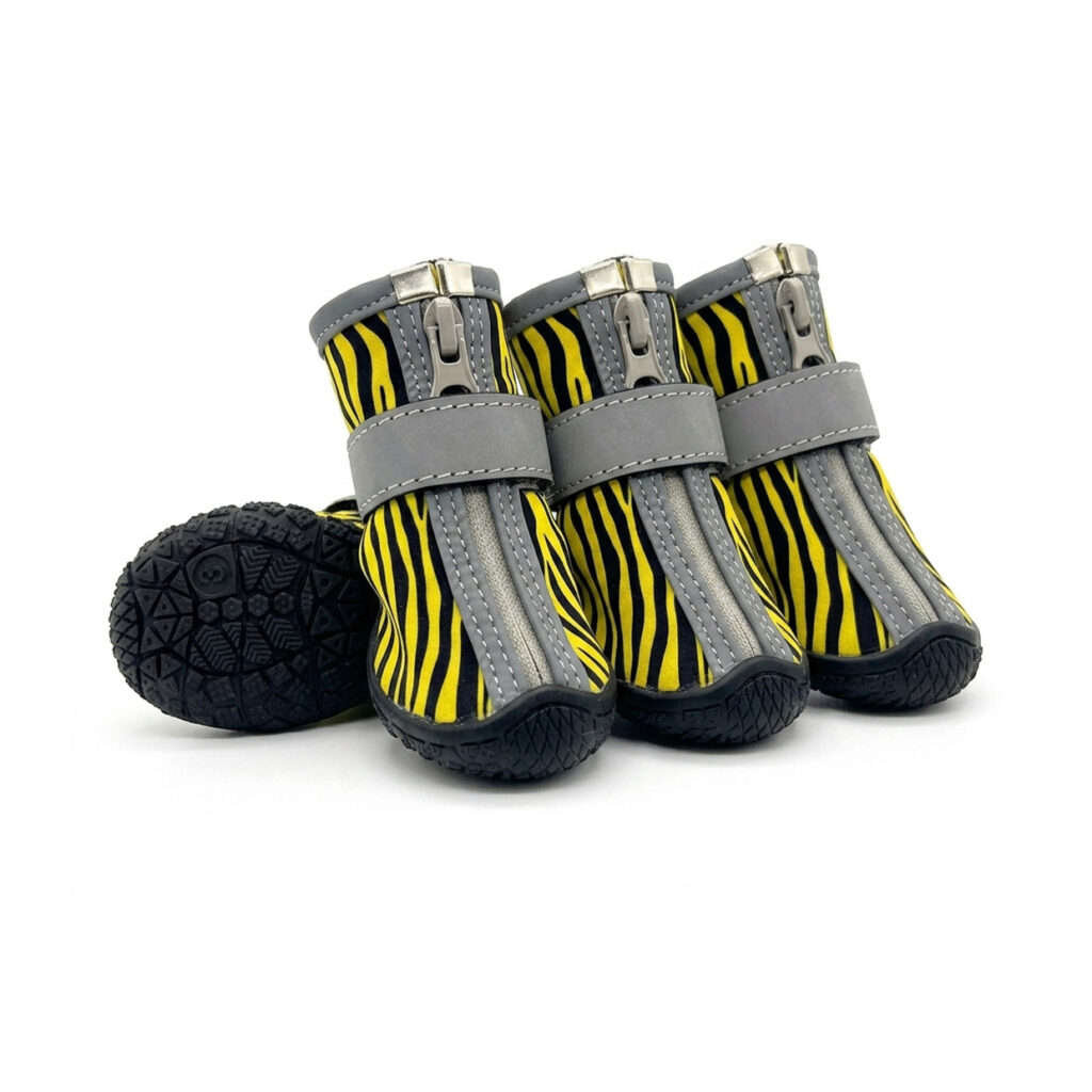 Yellow tiger stripe hybrid mesh zipper dog shoes featuring water resistant fabric and grey reflective safety straps.