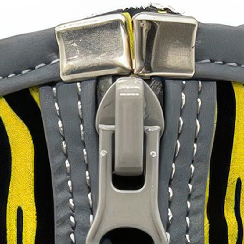 Close-up macro view of the full-open metal front zipper mechanism and integrated lining on hybrid mesh zipper dog shoes.