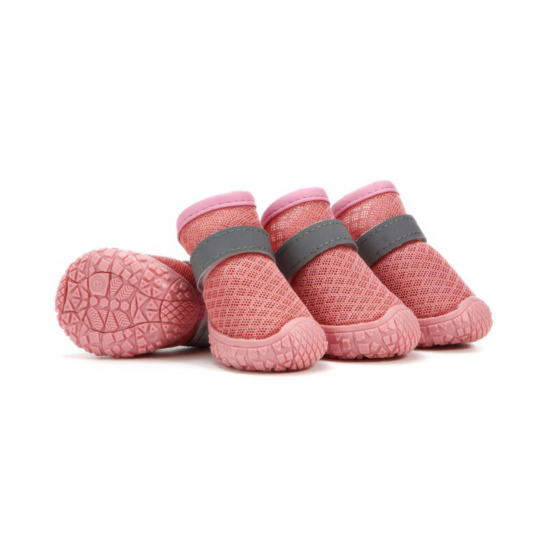 Blush pink lightweight protective dog shoes showcasing breathable mesh uppers, pink rubber outsoles, and grey reflective wrap bands.