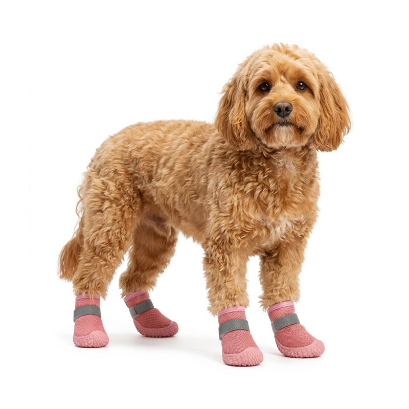 An apricot fluffy dog standing on a white background wearing blush pink lightweight protective dog shoes.