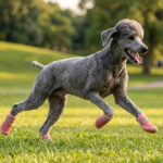 A grey standard Poodle leaping dynamically across a green grass field wearing blush pink lightweight protective dog shoes.