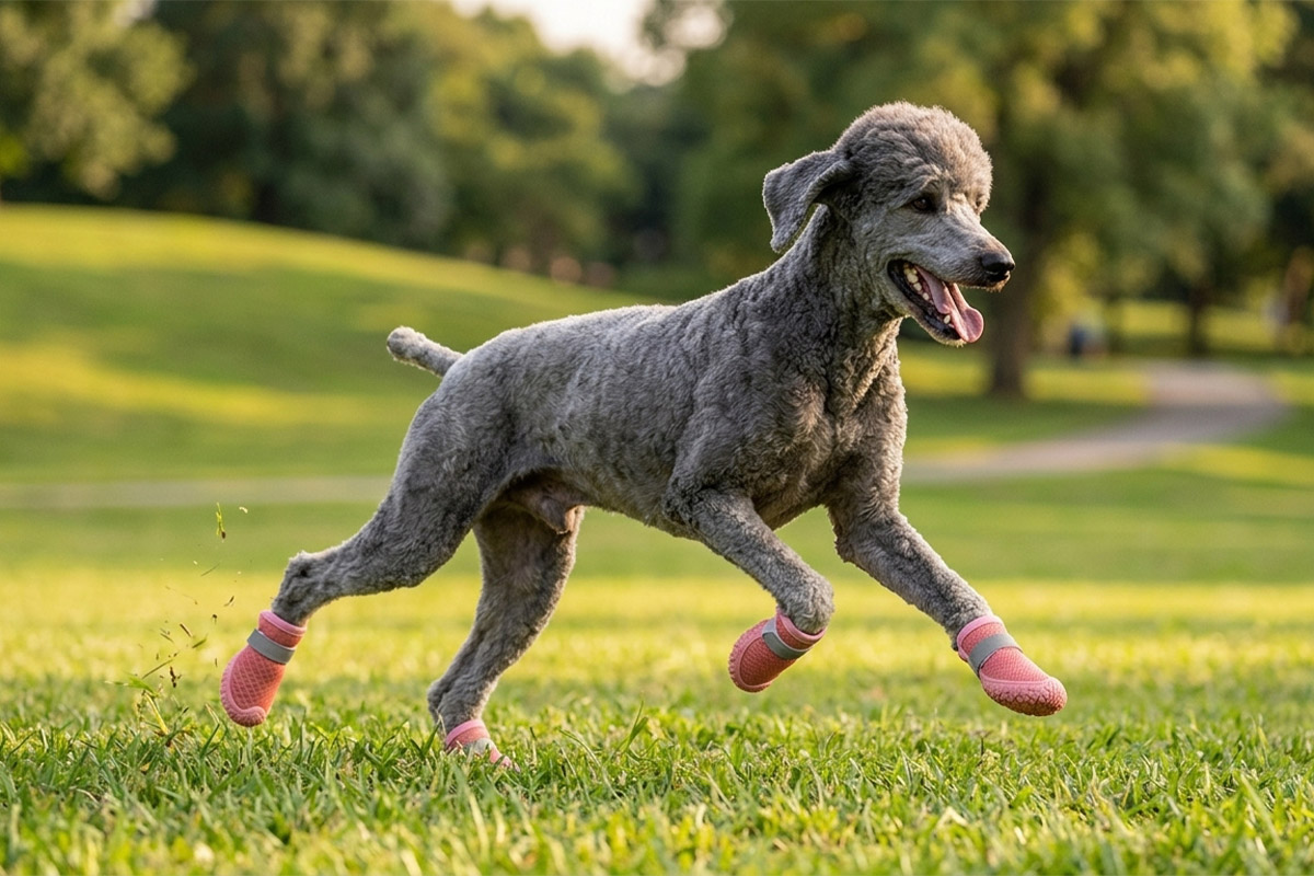 A grey standard Poodle leaping dynamically across a green grass field wearing blush pink lightweight protective dog shoes.