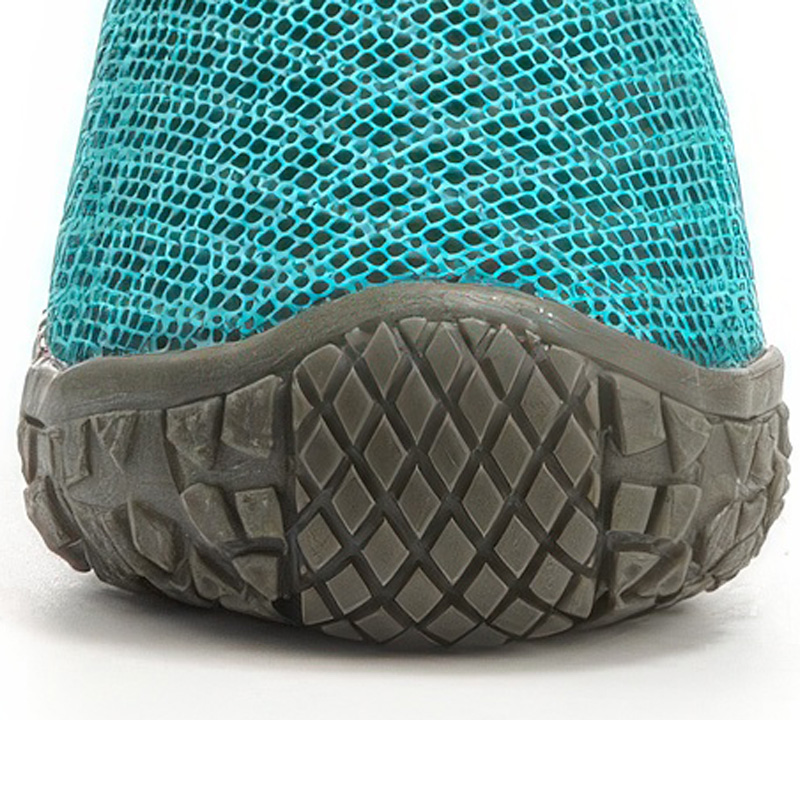 Close look at the dense interlocking double needle stitch lines fusing the rubber toe bumper to the mesh upper.