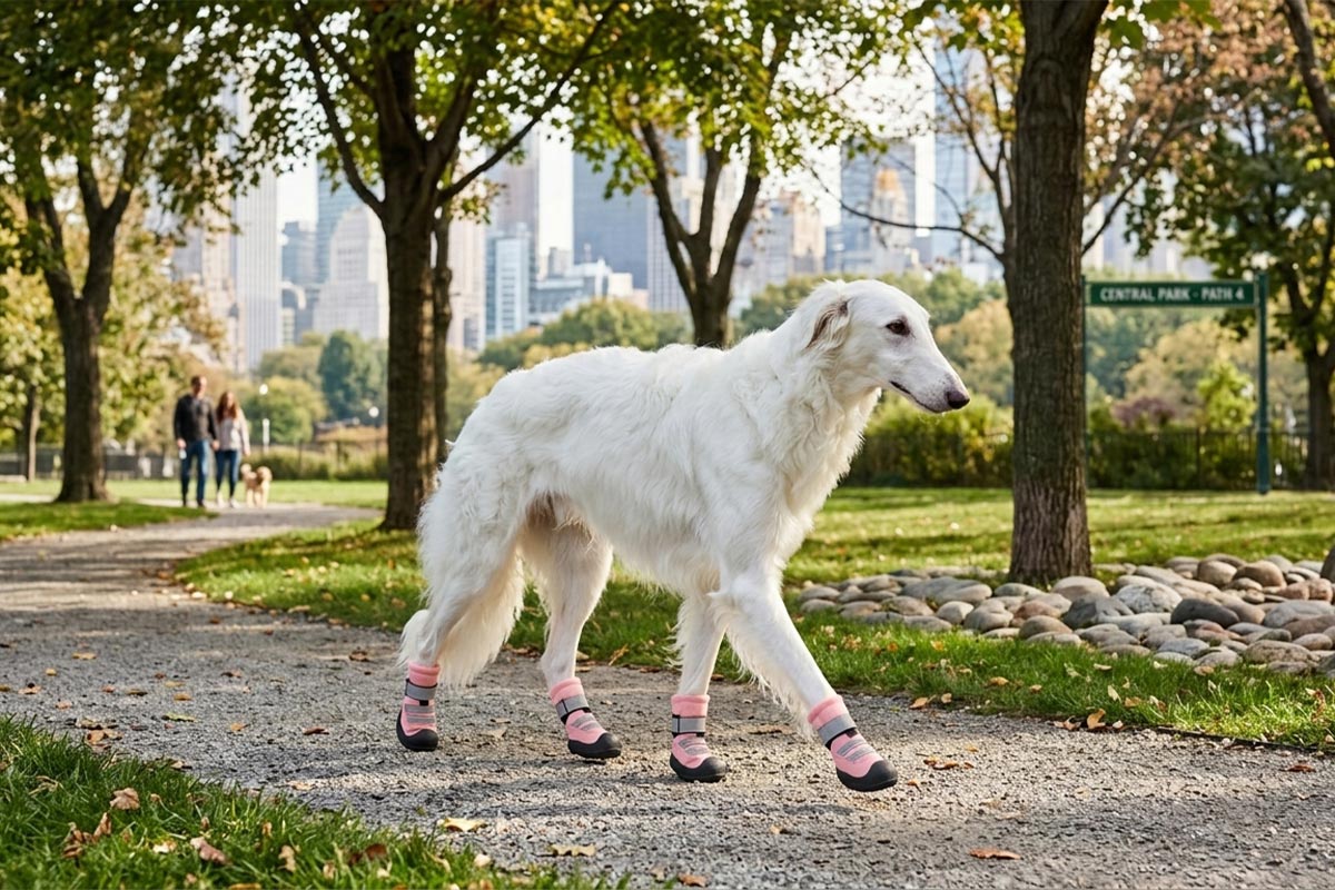 A large white Borzoi walking along a stone pathway in Central Park wearing pink lightweight summer dog shoes.