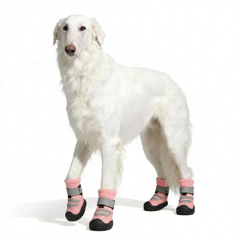 Pink Breathable Mesh Dog Boots A large white dog standing safely wearing pink lightweight summer dog shoes with secure grey ankle straps.