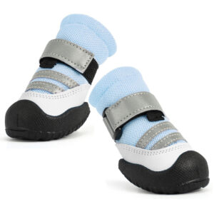 Ergonomic Standing Profile - Light Blue A standing profile of blue lightweight summer dog shoes displaying the secure ankle cuff structure and grey strap panels.