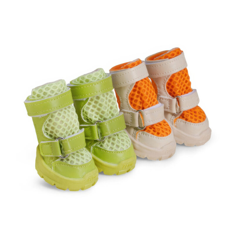 Side view of neon lime and tangerine orange mesh dog shoes for hot pavement highlighting durable wrapped rubber outsoles.