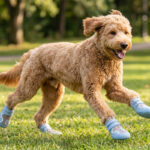A golden Labradoodle running joyfully on a park lawn wearing light blue breathable mesh dog shoes with double straps.