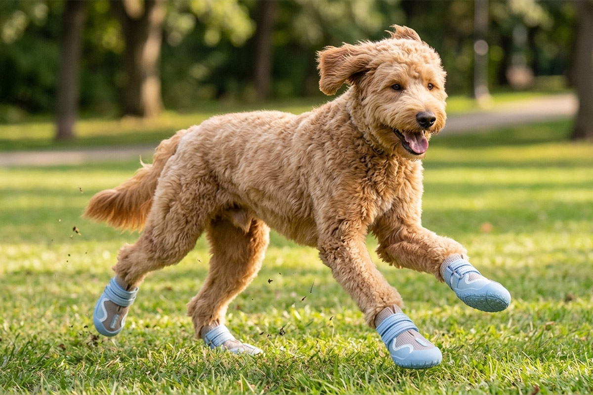 A golden Labradoodle running joyfully on a park lawn wearing light blue breathable mesh dog shoes with double straps.