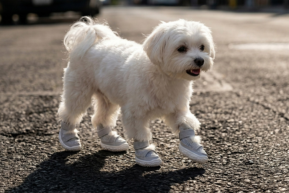 A small white Maltese dog pacing confidently across a sunlit street asphalt pavement wearing light gray mesh dog shoes.