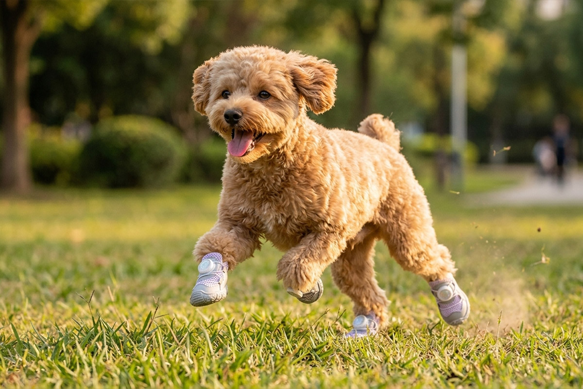 A small brown curly-coated dog sprinting dynamically over lush park grass wearing purple mesh dog shoes.