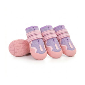 Pink Breathable Mesh Hot Pavement Dog Shoes Vibrant pink mesh dog shoes for hot pavement displaying durable raised toe bumpers and parallel pink reflective fasteners.