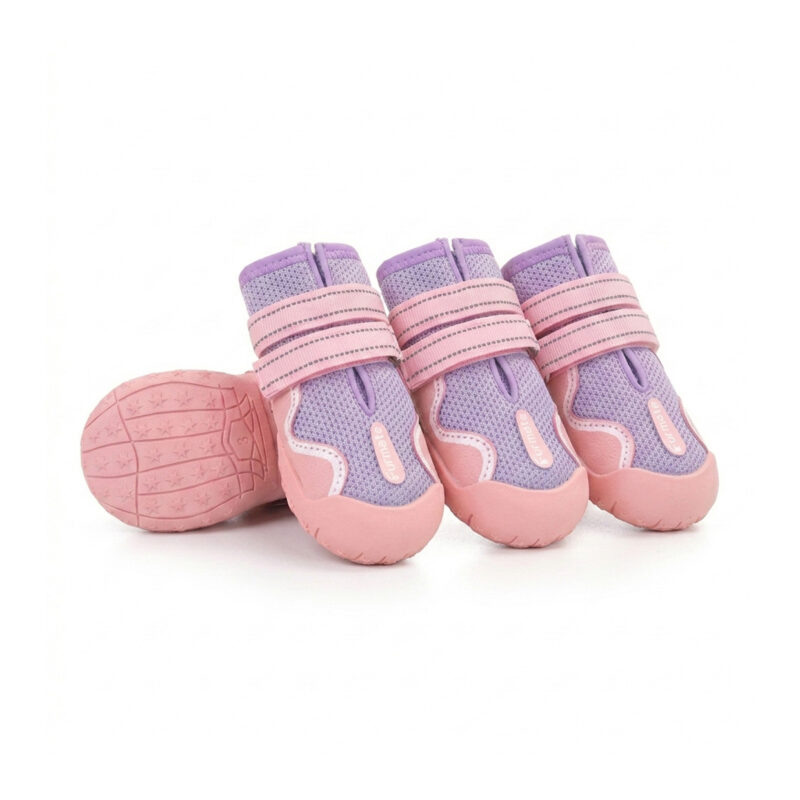 Pink Breathable Mesh Hot Pavement Dog Shoes Vibrant pink mesh dog shoes for hot pavement displaying durable raised toe bumpers and parallel pink reflective fasteners.