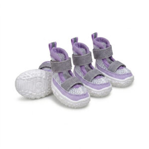 Purple Mesh Hot Pavement Dog Sandals Pastel purple mesh dog shoes for hot pavement showcasing cooling open-weave matrix panels and gray adjustable ankle straps.