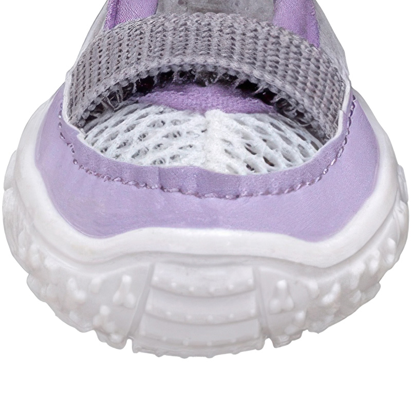 Front angle showing the clean double stitching and reinforced leather edge wrap on mesh dog shoes for hot pavement.